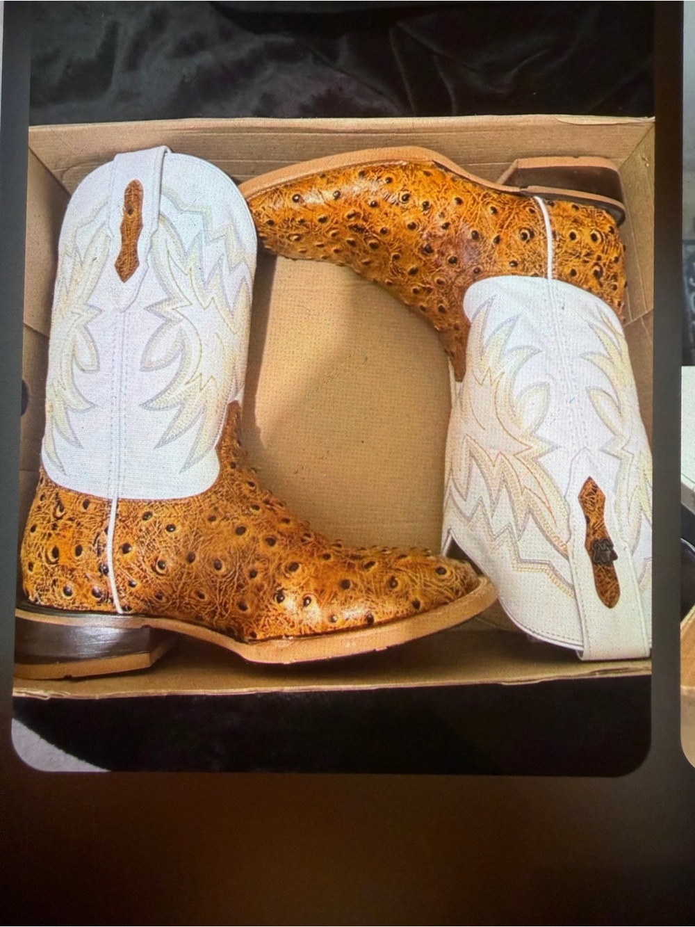Alfa -Men's Two-Tone Ostrich Leather Cowboy Boots - White & Tan size 9 D